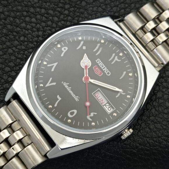 Vintage 1980 Seiko Automatic Mens Silver Watch W/daydate & Arabic accents - Picture 6 of 10
